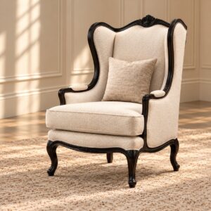 Majestic Wing Accent Chair with Elegant Black Carved Wooden Frame, Cream Upholstery and Classic Curved Legs