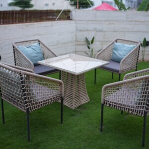 Riviera 4-Seater Outdoor Dining Set with Woven Rope Chairs, Glass Top Table and Cushioned Seating