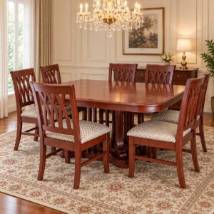 Verdano Classic 7-Seater Dining Set with Rich Mahogany-Toned Wooden Table, Decorative Lattice-Back Chairs and Patterned Cushioned Seats
