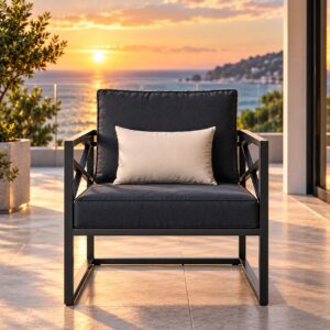 Premium Patio Chair with Black Metal Frame, Geometric Armrests and Luxury Cushioned Seating