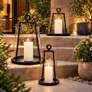 Aura Decorative Candle Lantern Set of 3 with Black Metal Frames and Elegant Glass Design