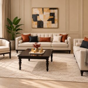 Modern Heritage Sofa Set – Cream Upholstery with Dark Wooden Frame and Matching Center Table