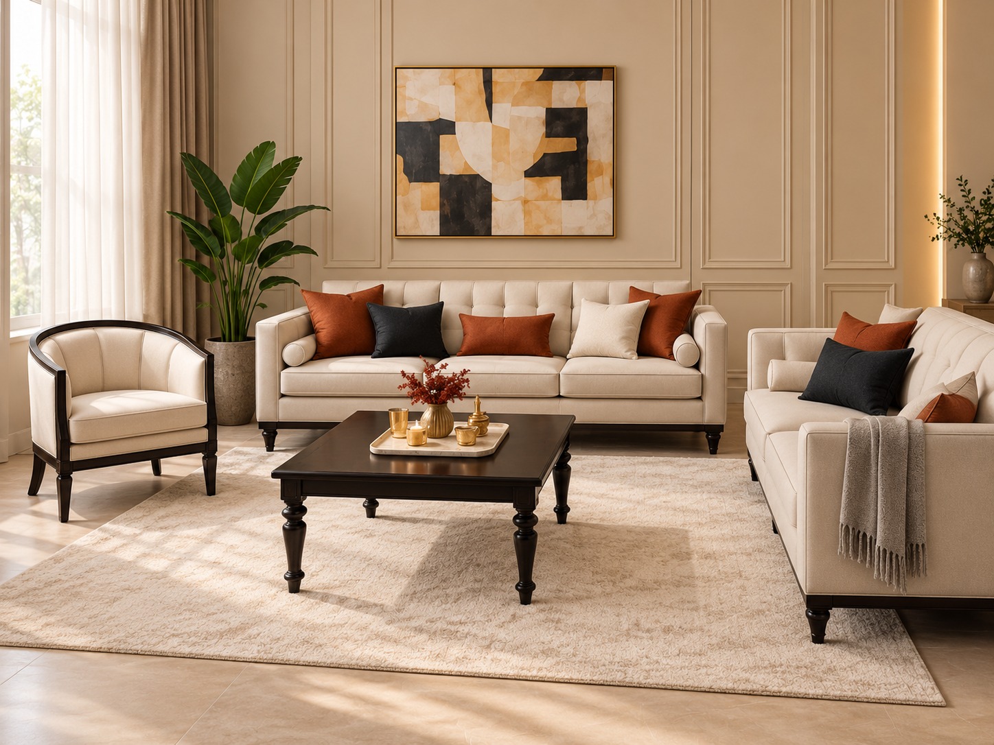 Modern Heritage Sofa Set – Cream Upholstery with Dark Wooden Frame and Matching Center Table