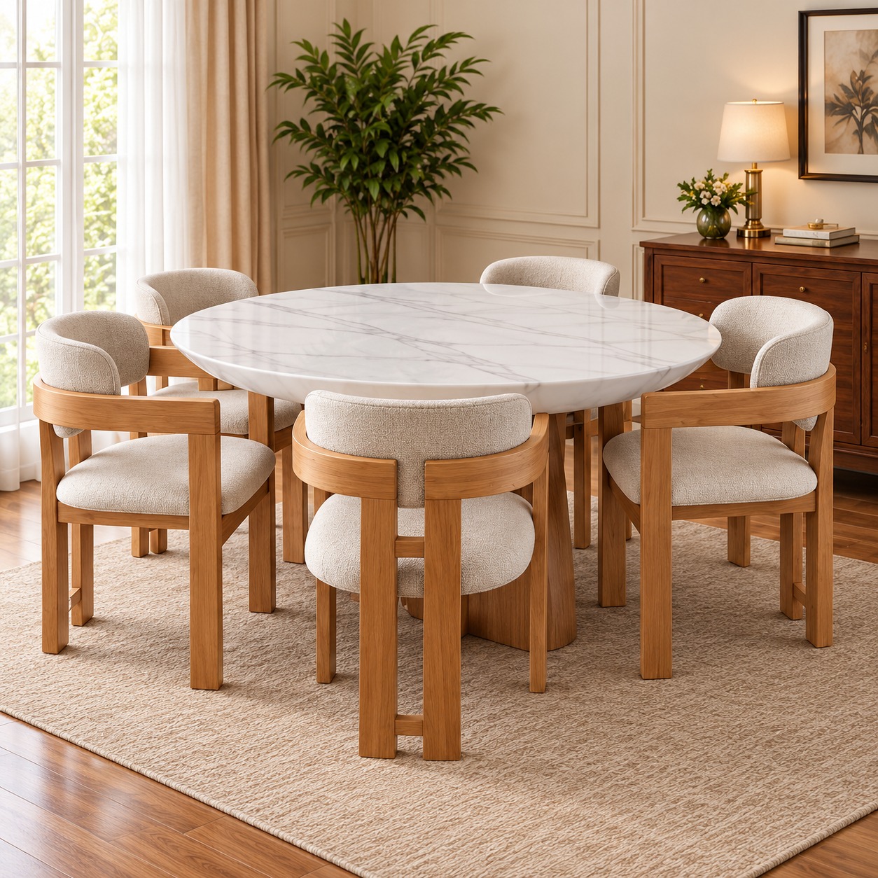 Lunara Modern 6-Seater Dining Set with White Marble-Effect Round Table, Natural Oak Finish and Cream Upholstered Chairs