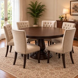 The Briella Luxury 6-Seater Dining Set with Dark Walnut Round Table, Cream Button-Tufted Chairs and Elegant Pedestal Base