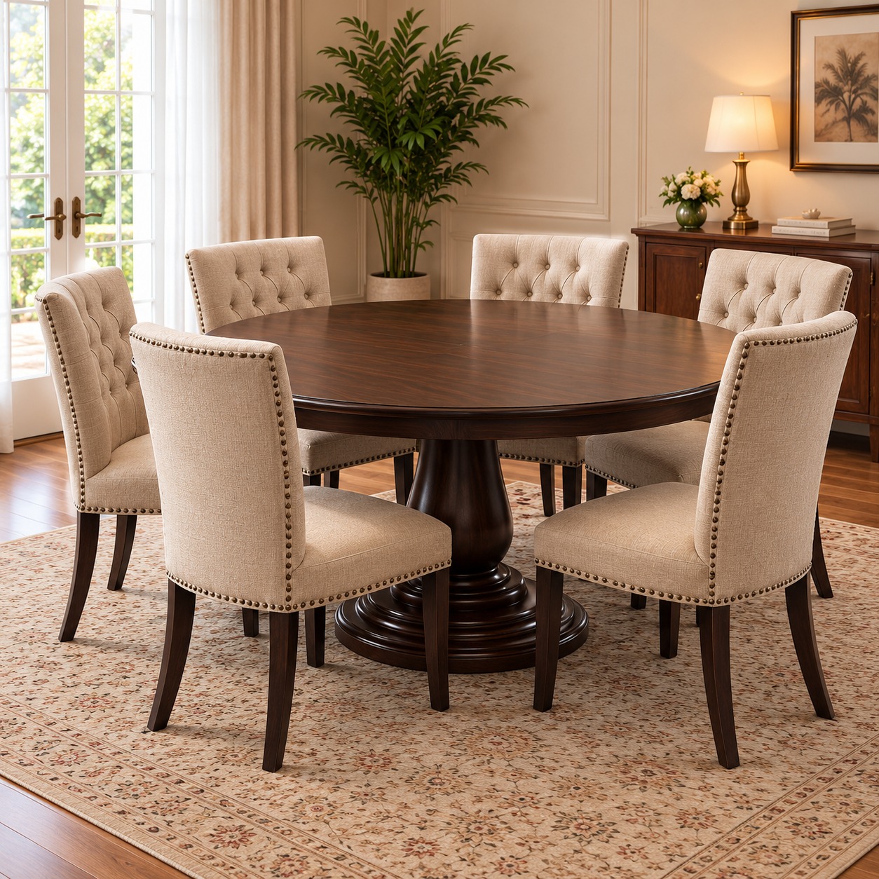 The Briella Luxury 6-Seater Dining Set with Dark Walnut Round Table, Cream Button-Tufted Chairs and Elegant Pedestal Base