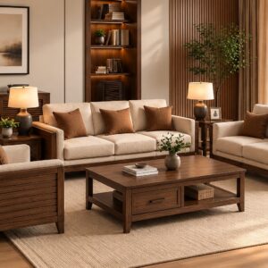 Modern Wood Land Sofa Set – Natural Walnut Wooden Frame with Beige Upholstery and Matching Center Table