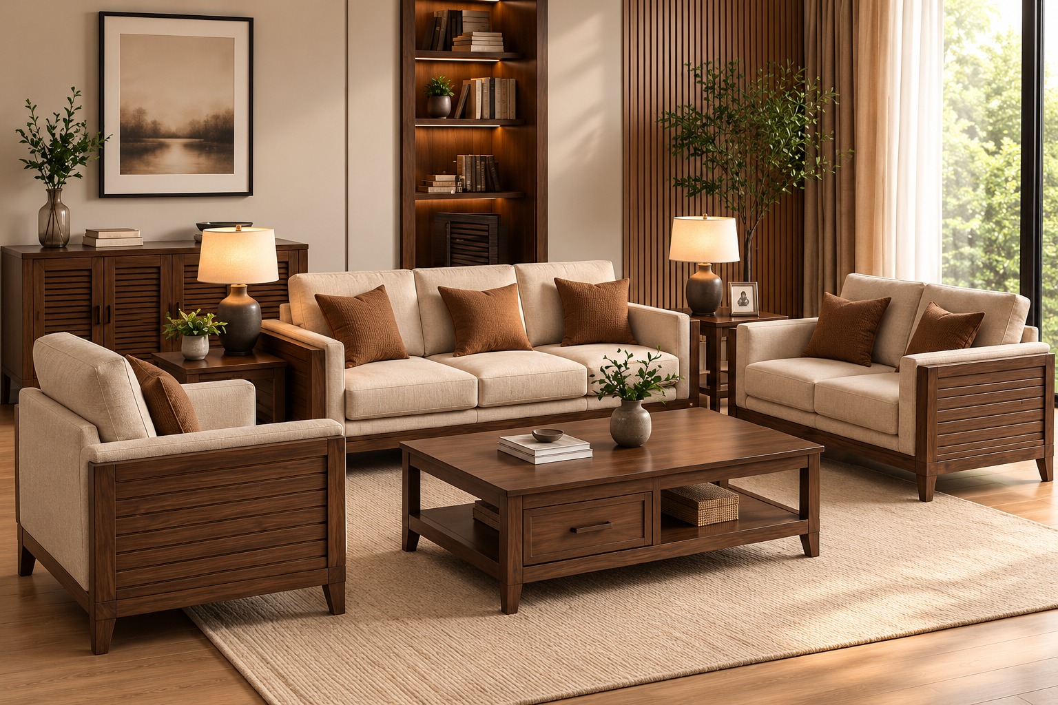 Modern Wood Land Sofa Set – Natural Walnut Wooden Frame with Beige Upholstery and Matching Center Table
