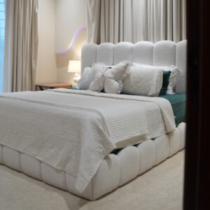 Elara Luxury Cream Upholstered Bed with Tall Scalloped Headboard and Modern Design