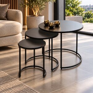 Nero Modern Round Nesting Tables Set of 3 with Matte Black Finish and Sleek Metal Frame