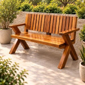 Xavero Wooden Garden Bench with Natural Wood Finish, Vertical Slatted Backrest and Angular Armrests