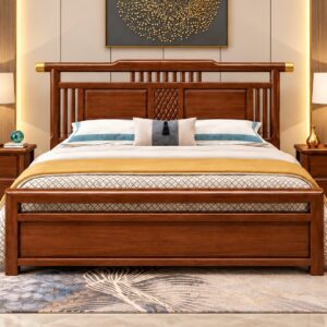 Imperial Lattice Wooden Bed Set – Classic Walnut Finish with Elegant Carved Lattice Detailing
