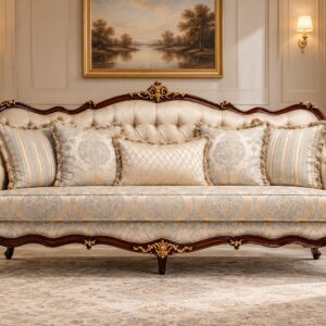 Royal Ornat Classic Wooden Sofa – Elegant Cream Tufted Upholstery with Ornate Gold Carved Detailing