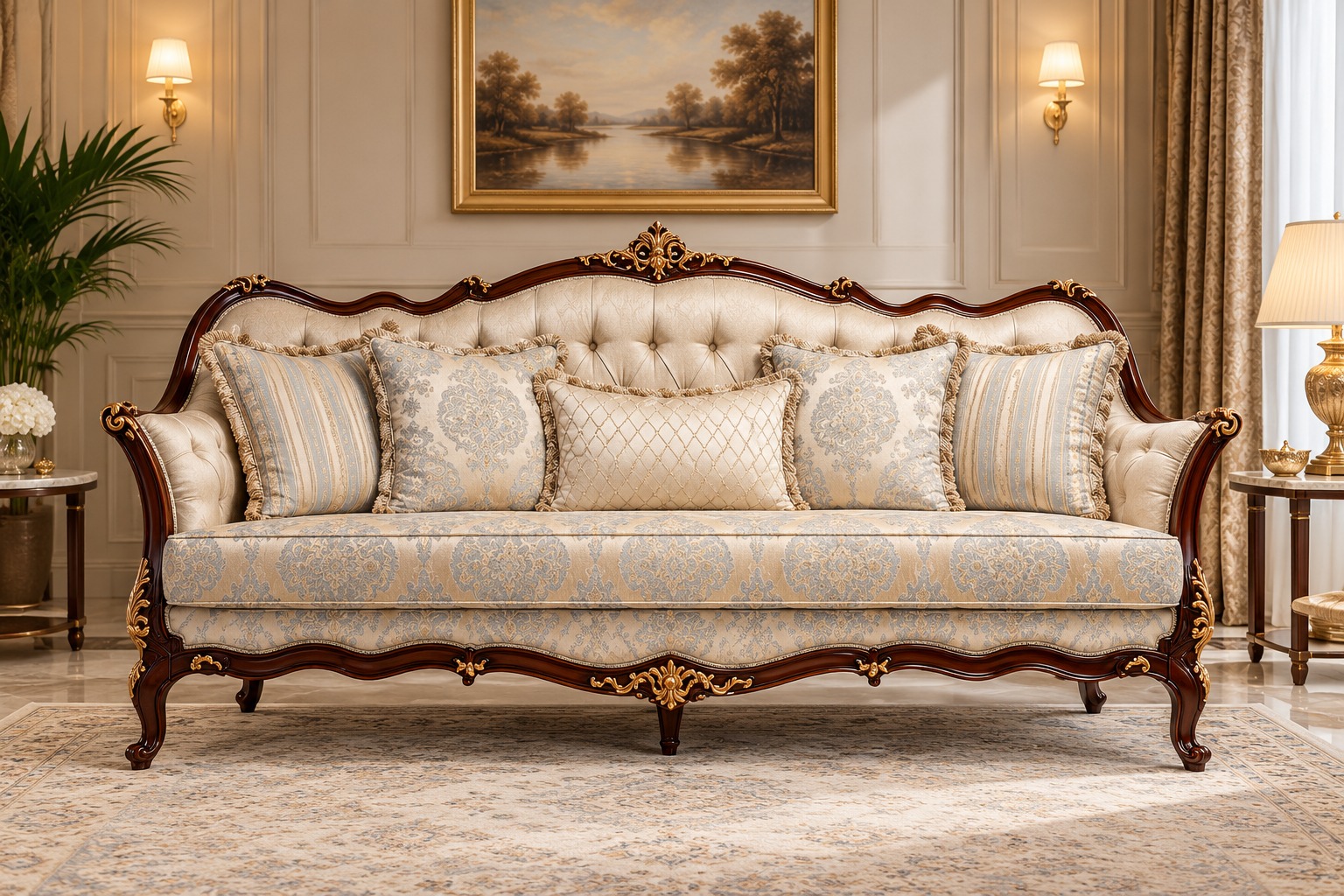 Royal Ornat Classic Wooden Sofa – Elegant Cream Tufted Upholstery with Ornate Gold Carved Detailing