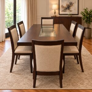 Novaro Modern 6-Seater Dining Set with Dark Walnut Rectangular Table, Glass Center Inlay and Cream Upholstered Chairs