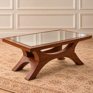 Sculpted Walnut Glass Coffee Table with Rectangular Glass Top, Artistic Curved Wooden Base and Rich Walnut Finish