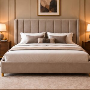 Contemporary Upholstered Bed Set – Soft Beige Finish with Vertical Panel Headboard and Wooden Bedside Tables