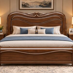 Classic Curved Wooden Bed Set – Rich Walnut Finish with Elegant Carved Headboard