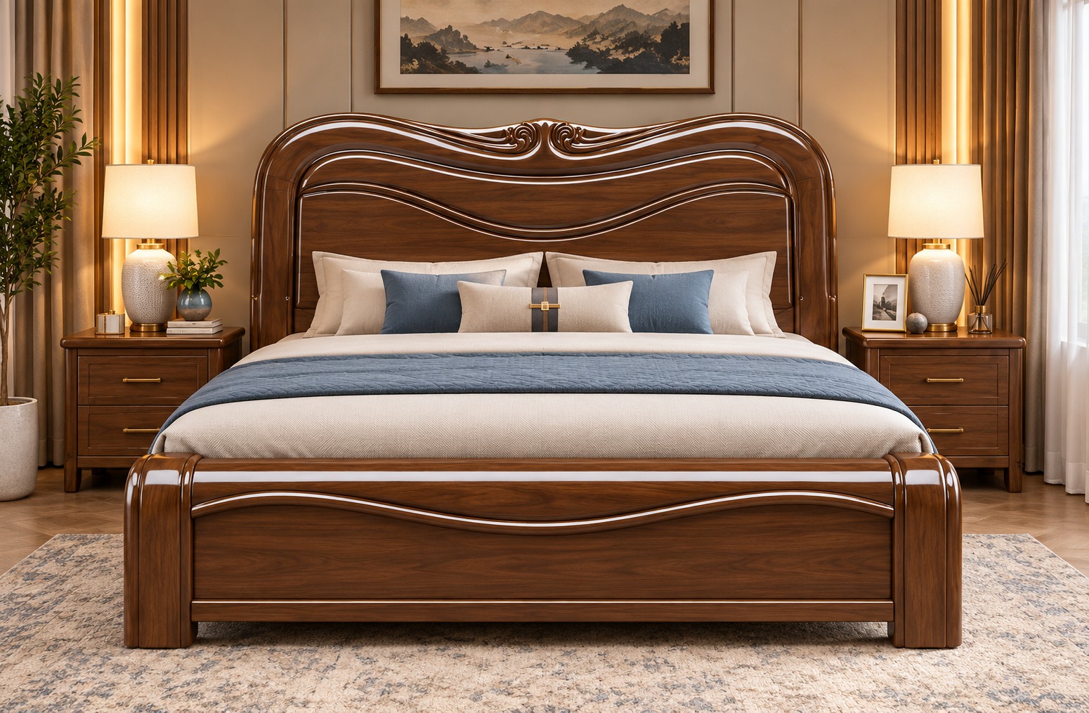 Classic Curved Wooden Bed Set – Rich Walnut Finish with Elegant Carved Headboard