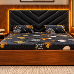 Noir Chevron Luxury Bed Set with Black Upholstered Chevron Headboard, Rich Walnut Wooden Frame, Warm LED Lighting and Matching Bedside Tables
