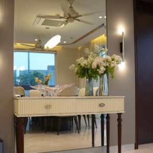 Valenza Luxury Console Table with Ivory Fluted Drawers, Dark Wooden Legs and Elegant Gold Accents