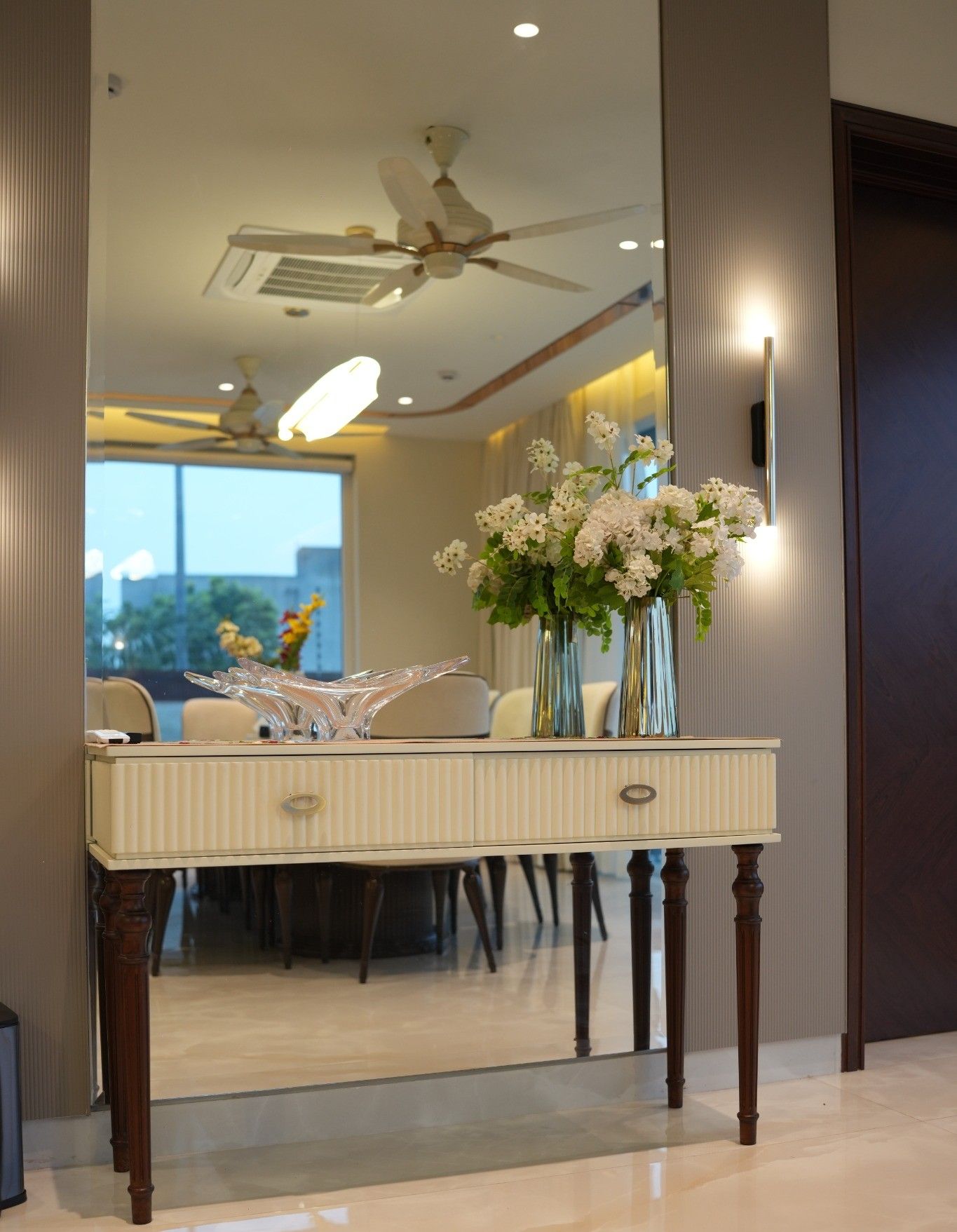 Valenza Luxury Console Table with Ivory Fluted Drawers, Dark Wooden Legs and Elegant Gold Accents