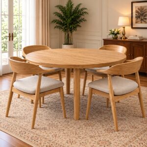 Noreva Modern 4-Seater Dining Set with Natural Oak Finish, Round Wooden Table and Cream Upholstered Chairs