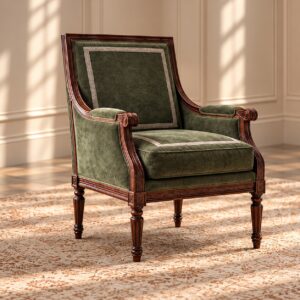 Royal Sage Lounge Chair with Deep Olive Upholstery, Carved Wooden Frame and Classic Accent Details