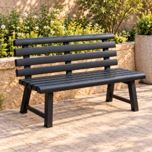 Nerano Modern Outdoor Bench with Matte Black Metal Frame, Horizontal Slatted Seat and Backrest