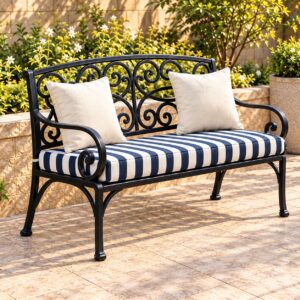 Verelle Outdoor Garden Bench with Decorative Black Metal Scrollwork, Curved Armrests and Striped Cushioned Seat