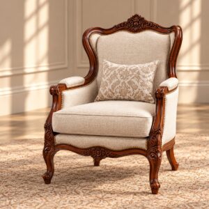 Serenity Crown Luxury Lounge Chair with Ornate Walnut Carved Frame, Cream Upholstery and Elegant Floral Detailing