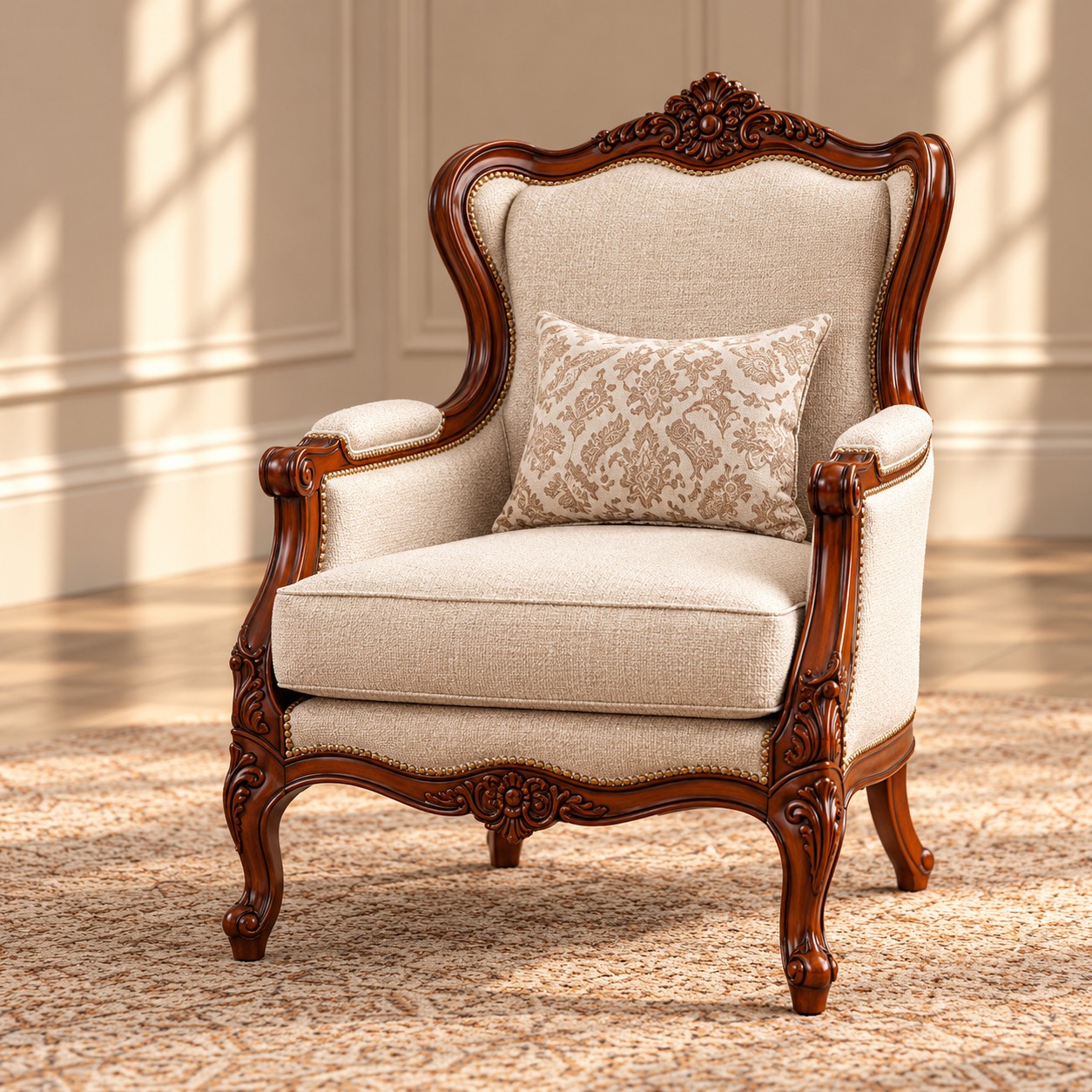Serenity Crown Luxury Lounge Chair with Ornate Walnut Carved Frame, Cream Upholstery and Elegant Floral Detailing