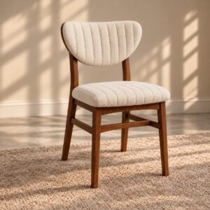 Ivory Crest Modern Dining Chair with Cream Textured Upholstery, Curved Channel-Tufted Backrest and Walnut Wooden Legs