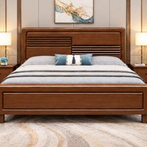 Horizon Ridge Wooden Bed Set – Elegant Walnut Finish with Modern Horizontal Groove Design