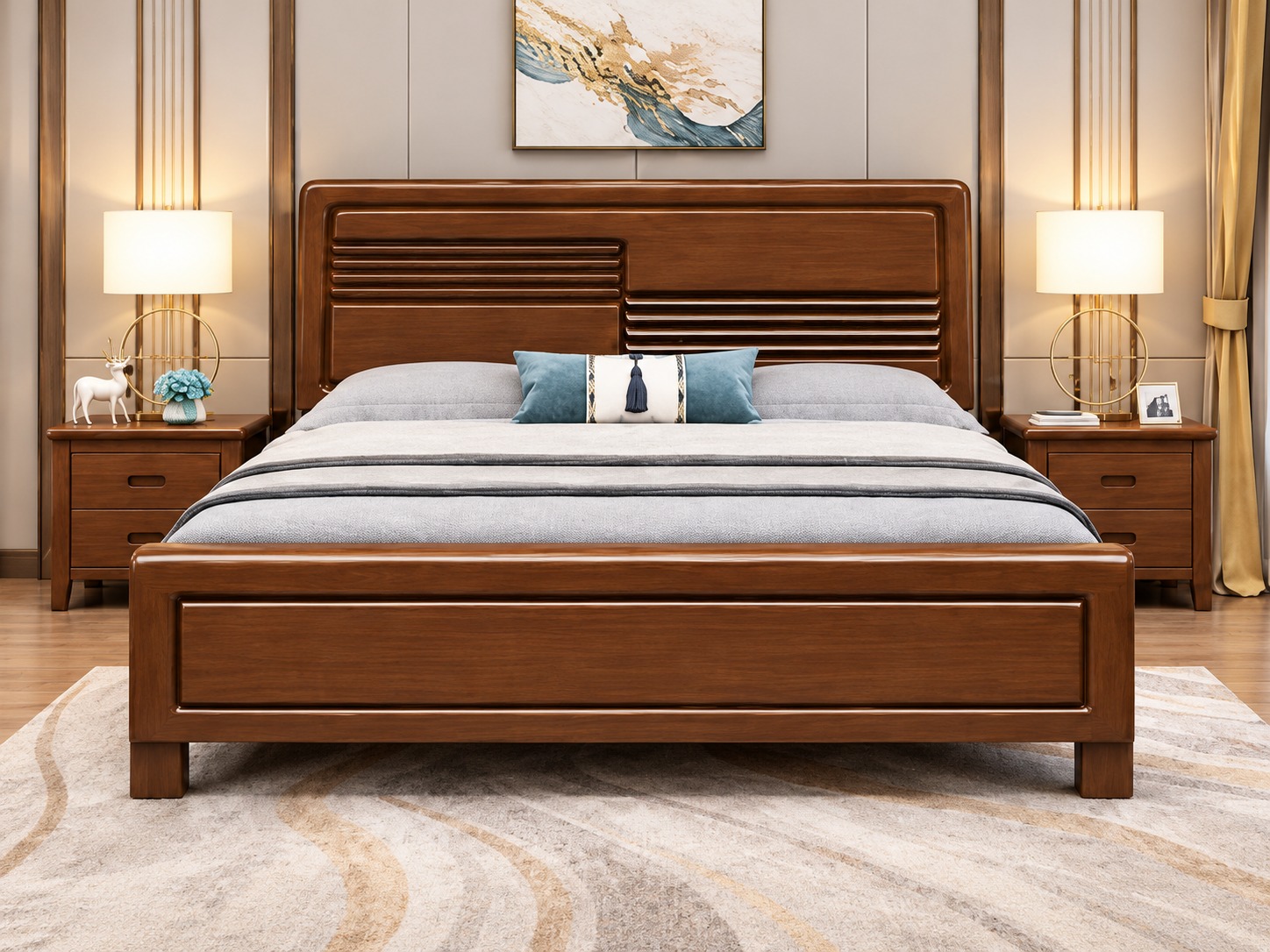 Horizon Ridge Wooden Bed Set – Elegant Walnut Finish with Modern Horizontal Groove Design