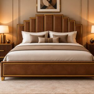 Art Deco Upholstered Bed Set – Brown Panel Design with Gold Accents