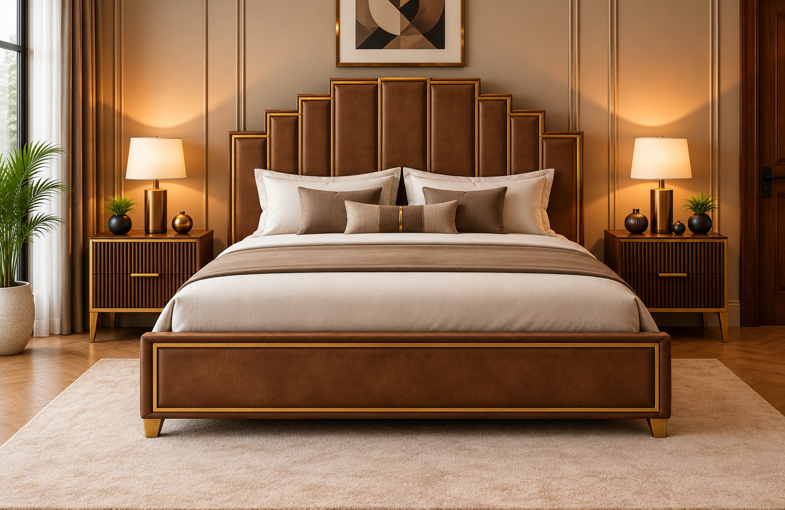 Art Deco Upholstered Bed Set – Brown Panel Design with Gold Accents